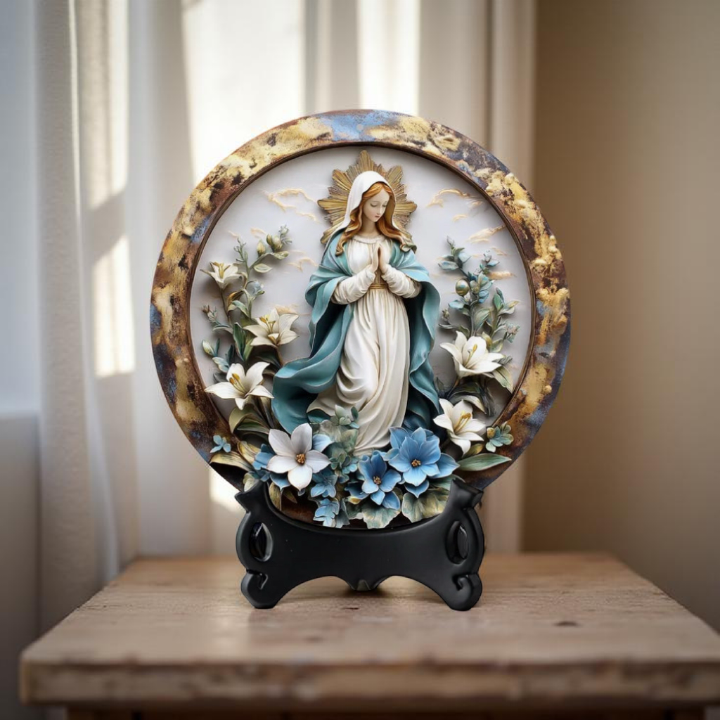 Décoration Religieuse Catholique – Notre-Dame des Grâces avec Fleurs
