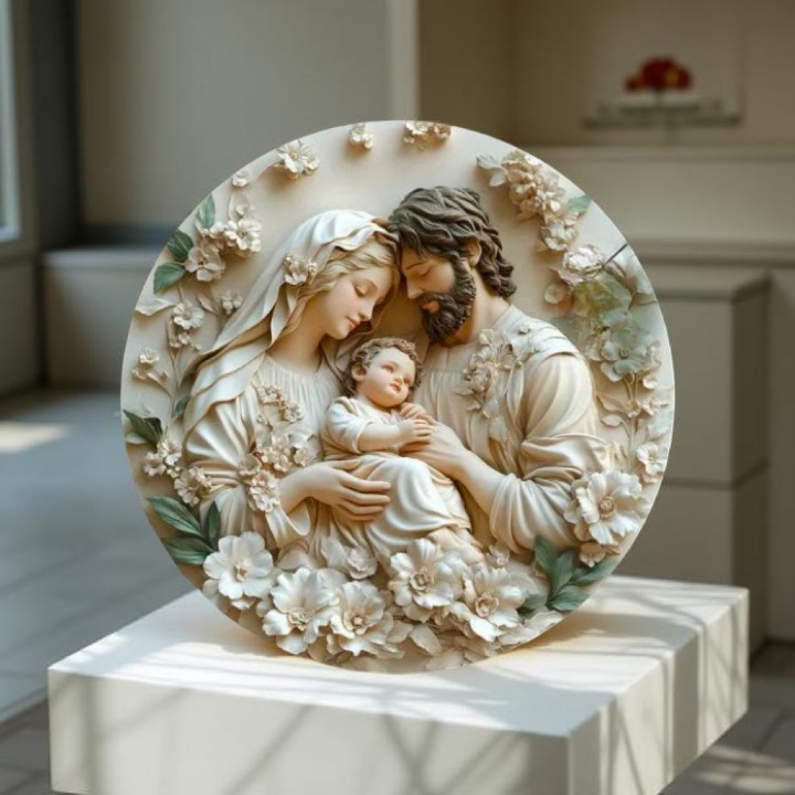 Décoration Religieuse Catholique – Sainte Famille avec Fleurs Blanches