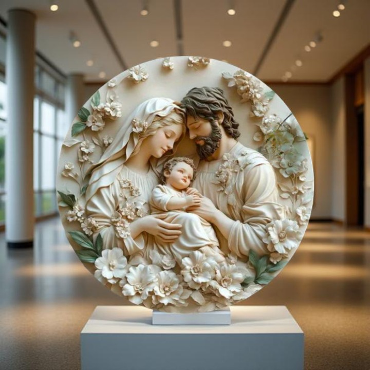 Décoration Religieuse Catholique – Sainte Famille avec Fleurs Blanches
