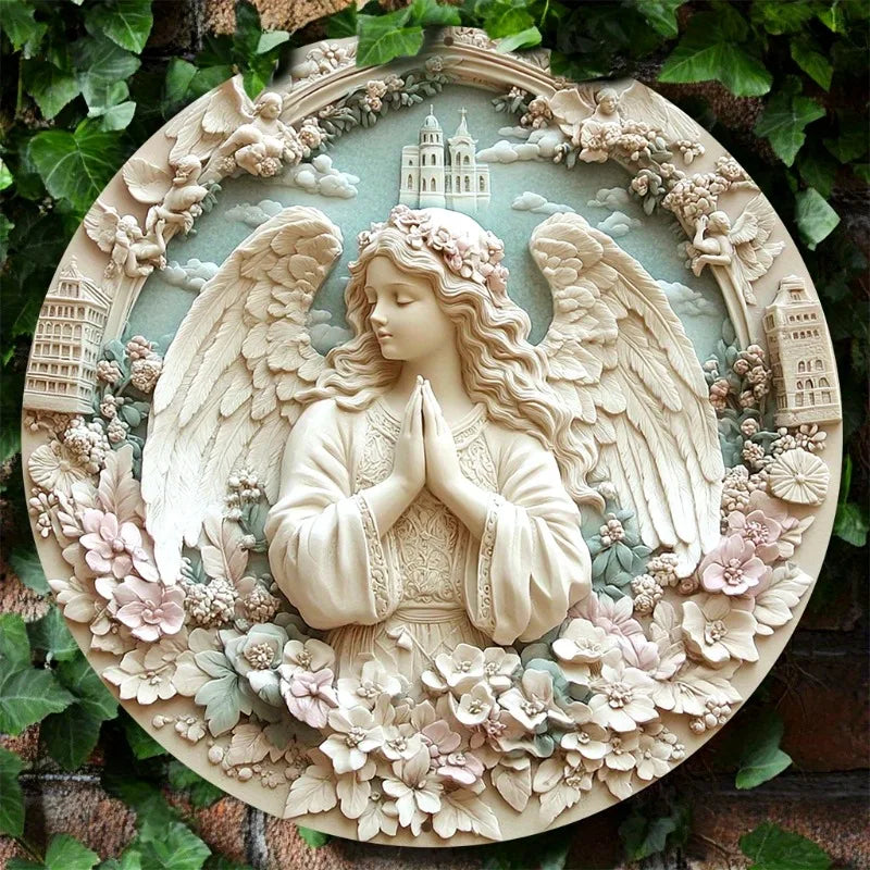 Décoration Religieuse Catholique – Ange en Relief avec Fleurs et Cathédrale