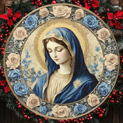 Décoration Religieuse Catholique – Vierge Marie avec Roses Bleues et Doré