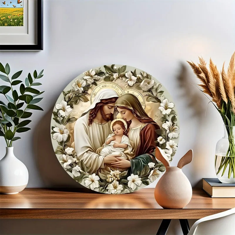 Décoration Religieuse Catholique – Sainte Famille avec Cadre de Fleurs Blanches