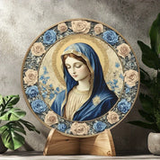 Décoration Religieuse Catholique – Vierge Marie avec Roses Bleues et Doré