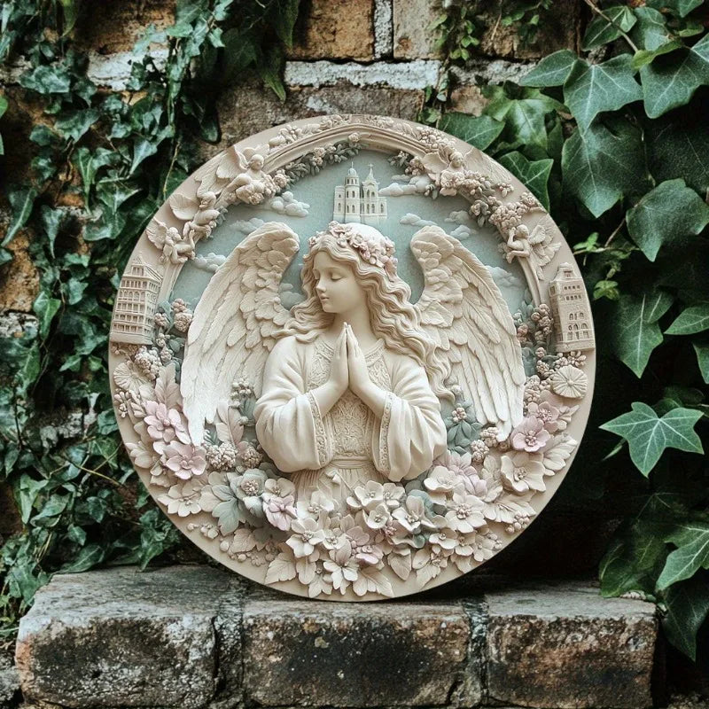 Décoration Religieuse Catholique – Ange en Relief avec Fleurs et Cathédrale
