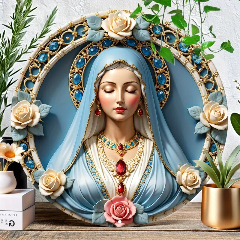 Décoration Religieuse Catholique – Vierge Marie de Luxe avec Pierres et Fleurs