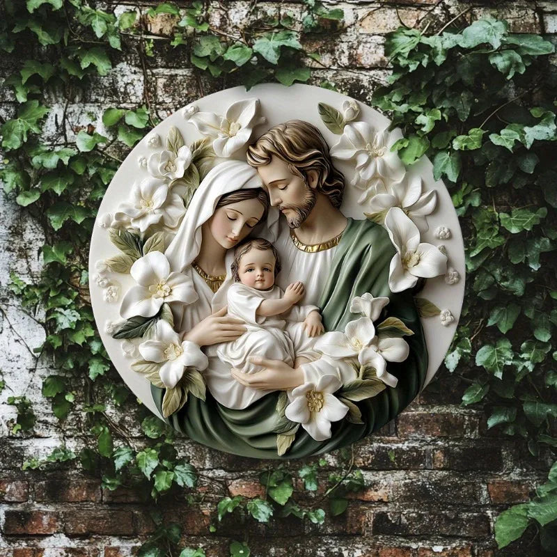 Décoration Religieuse Catholique – Sainte Famille avec Fleurs Blanches