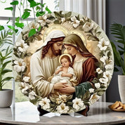 Décoration Religieuse Catholique – Sainte Famille avec Cadre de Fleurs Blanches