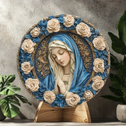 Décoration Religieuse Catholique – Vierge Marie avec Roses Bleues et Dorées