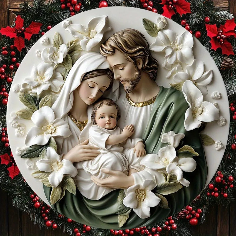 Décoration Religieuse Catholique – Sainte Famille avec Fleurs Blanches