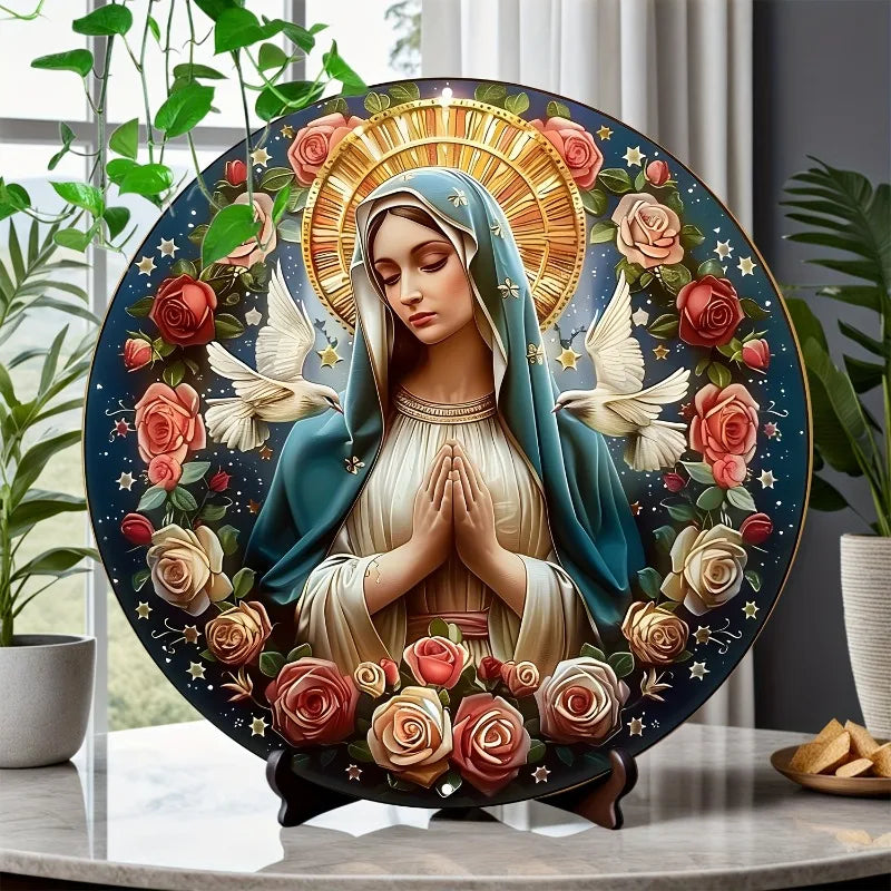 Décoration Religieuse Catholique – Vierge Marie avec Roses et Colombes