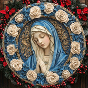 Décoration Religieuse Catholique – Vierge Marie avec Roses Bleues et Dorées