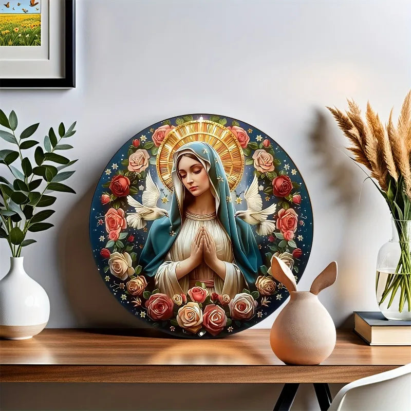 Décoration Religieuse Catholique – Vierge Marie avec Roses et Colombes